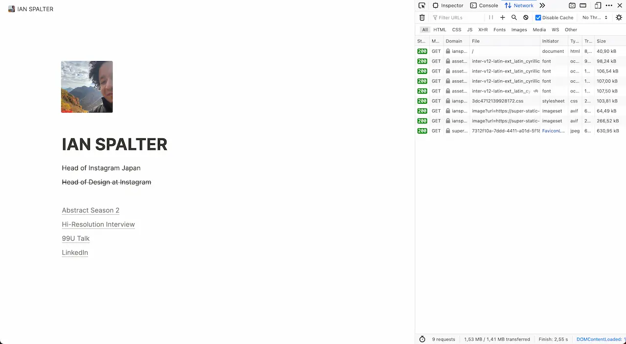 ianspalter.com with the devtools network tab open, and noticeably less network requests